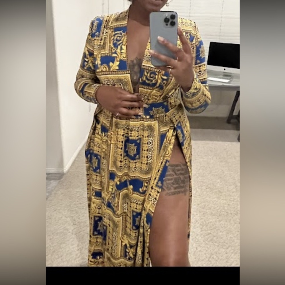 Fashion Nova Blue and Gold Patterned Dress